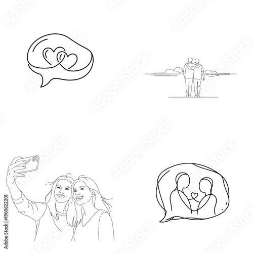 A set of four line drawings of love and relationships