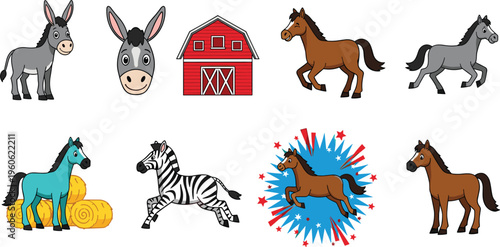 Farm Animal Vector Set Featuring Donkey, Horse, Zebra, Barn, and Hay Bales for Agricultural, Farm, and Animal-Themed Designs