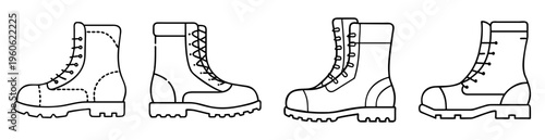 Four illustrations of black and white line drawing of generic combat boots