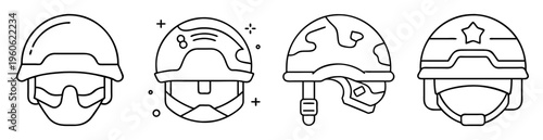 Collection of military helmets drawn in a clean black and white style