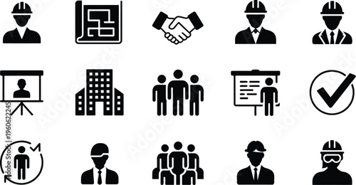 Construction and engineering team icons, architect and worker business meeting symbols, vector illustration