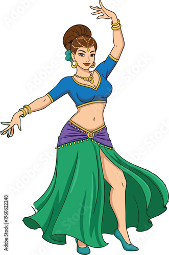 Exotic Dance Performer Vector Set Featuring Colorful Costume, Elegant Poses, and Traditional Jewelry for Belly Dance and Cultural Designs
