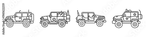 Line art illustration of four distinct military jeeps with various configurations