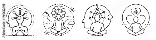 Diverse Meditation Practices Showcasing Mindfulness Connection and Cognitive Function Black and White Icons