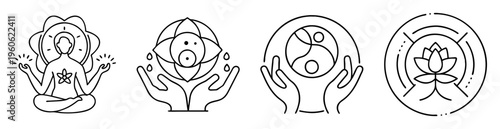 Four spiritual and wellness black and white illustration icons in a row