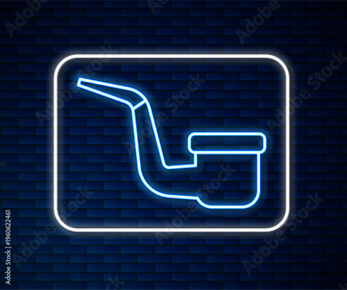 Glowing neon line Smoking pipe with smoke icon isolated on brick wall background. Tobacco pipe. Vector