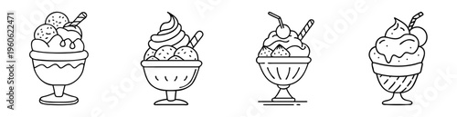 Four hand drawn ice cream sundae cups with toppings in black and white