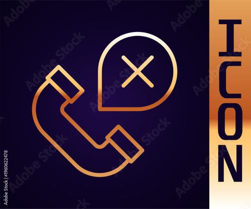 Gold line Declined or missed phone call icon isolated on black background. Telephone handset. Phone sign. Vector