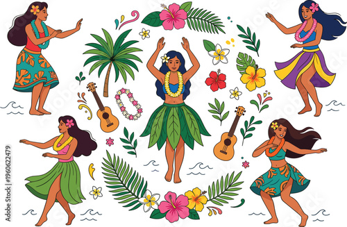 Hawaiian Dance and Floral Elements Vector Set Featuring Hula Dancers, Ukuleles, Tropical Flowers, and Palm Trees for Beach and Vacation Designs