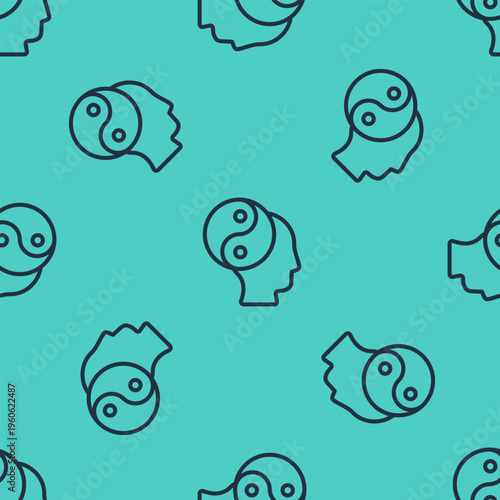 Black line Yin Yang symbol of harmony and balance icon isolated seamless pattern on green background. Vector