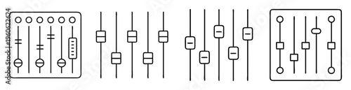 Graphic illustration of audio mixing console with faders, buttons and controls