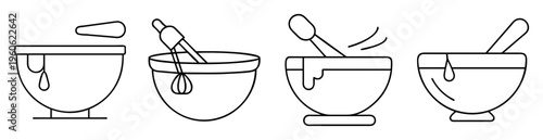 Stylized vector illustration of mixing bowls and a mortar and pestle