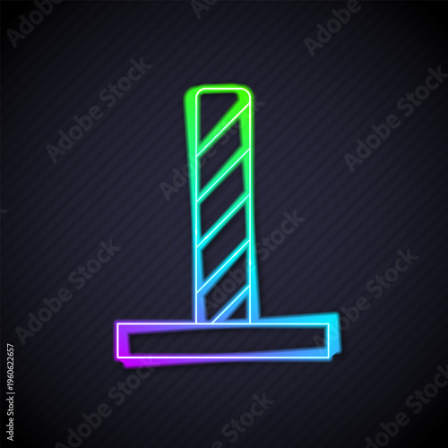 Glowing neon line Cat scratching post with toy icon isolated on black background. Vector