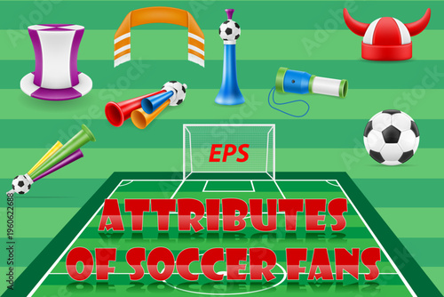 set of soccer football fan items and accessories cartoon stock icons vector illustration