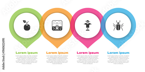 Set Apple, Automatic irrigation sprinklers, Scarecrow and Insect fly. Business infographic template. Vector