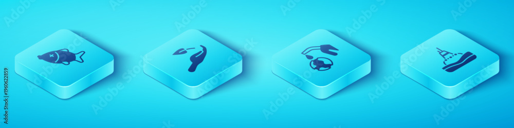 Fototapeta premium Set Isometric Dead fish, Sprout in hand, Floating buoy on the sea and Gas pump nozzle globe icon. Vector