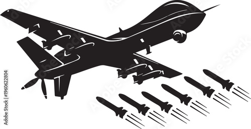 Military drone, combat aircraft, missile launcher, black vector icon, warfare symbol