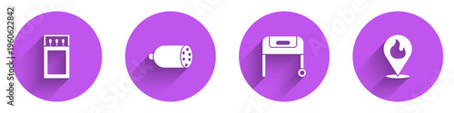 Set Matchbox and matches, Salami sausage, Barbecue grill and Location with fire flame icon with long shadow. Vector