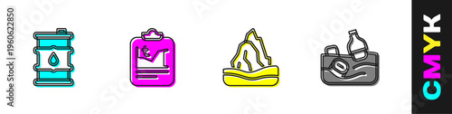 Set Barrel oil, Global warming, Iceberg and Problem pollution of the ocean icon. Vector