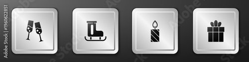 Set Glass of champagne, Figure skates, Burning candle and Gift box icon. Silver square button. Vector