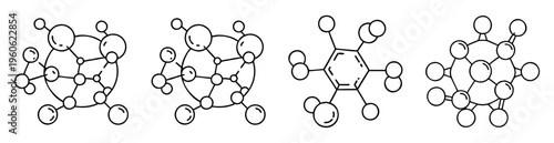 Illustrative chemical structures with interconnected circles representing atoms and connecting bonds
