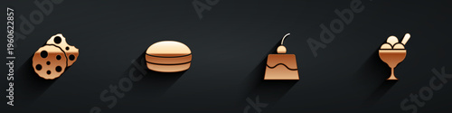Set Cookie or biscuit, Macaron cookie, Pudding custard and Ice cream bowl icon with long shadow. Vector