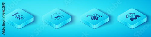 Set Isometric Medicine bottle and pills, Armchair, Grandfather and Wheelchair icon. Vector