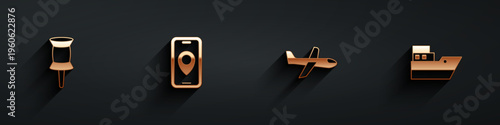 Set Push pin, City map navigation, Plane and Ship line path icon with long shadow. Vector