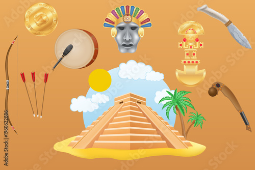 set icons ancient objects and attributes of the maya cartoon vector illustration
