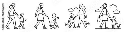 Black and white vector graphics depicting motherhood and childcare concepts illustrations