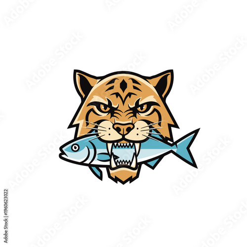 Fierce tiger head biting a fish, aggressive predator, hunting, wild animal, nature, wildlife, food chain