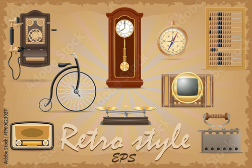 set of much objects retro old vintage icons cartoon stock vector illustration