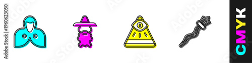 Set Mantle, cloak, cape, Wizard warlock, Masons and Magic staff icon. Vector