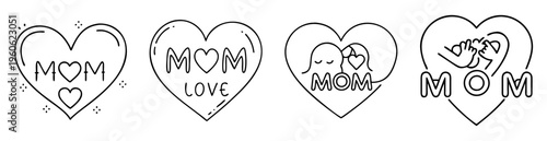 Four different stylized hearts with variations of the word MOM inside