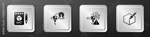 Set Sketch on paper, 3D printer, warning and 3d pen tool icon. Silver square button. Vector