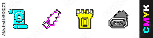 Set Magic scroll, Hand saw, Castle tower and Ticket icon. Vector