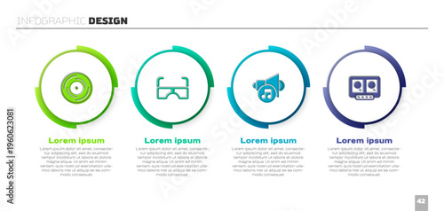 Set Vinyl disk, Glasses, Speaker volume and DJ remote and mixing music. Business infographic template. Vector