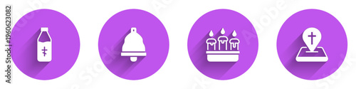 Set Holy water bottle, Church bell, Burning candle in candlestick and Location church building icon with long shadow. Vector