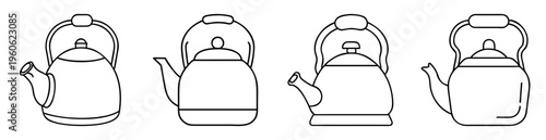 Four line drawing style tea kettles with different handles and spouts