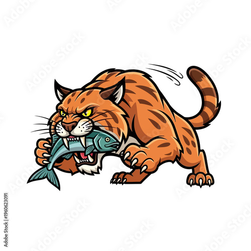 Fierce Bobcat Predator Catches Fish in Mouth, Hunting Wildlife