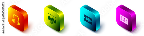 Set Isometric Headphones, Music wave equalizer, and Sound mixer controller icon. Vector
