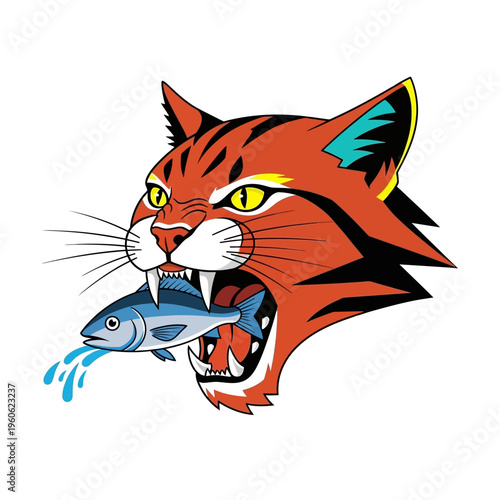 Aggressive Tiger Cat Head Biting Fish, Fierce Predator Hunting Prey, Wild Animal Action