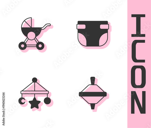 Set Whirligig toy, Baby stroller, crib hanging toys and diaper icon. Vector