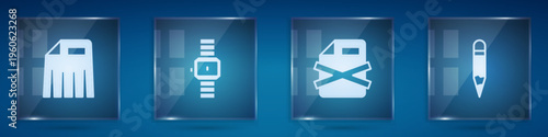 Set Paper shredder, Wrist watch, Delete file document and Pencil. Square glass panels. Vector