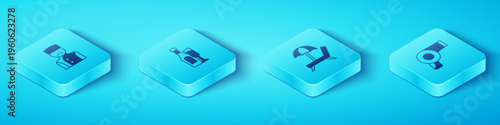 Set Isometric Concierge, Champagne bottle with glass, Hair dryer and Sunbed umbrella icon. Vector