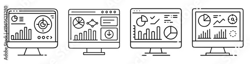 Minimalist line art illustration of financial data and charts on computer screens