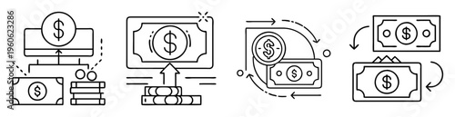 Illustrations depicting monetary processes and financial concepts with dollar symbols and arrows