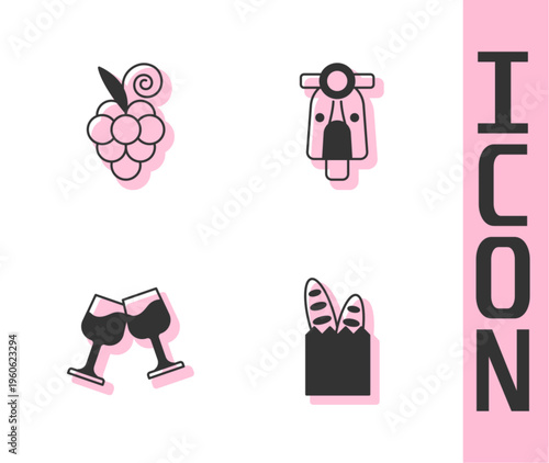 Set French baguette bread, Grape fruit, Wine glass and Scooter icon. Vector
