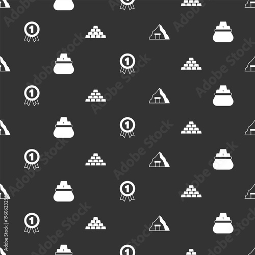 Set Gold mine, Bag of gold bars, Medal and on seamless pattern. Vector