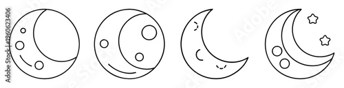 Stylized Black and White Moon Phase Icons with Craters and Stars